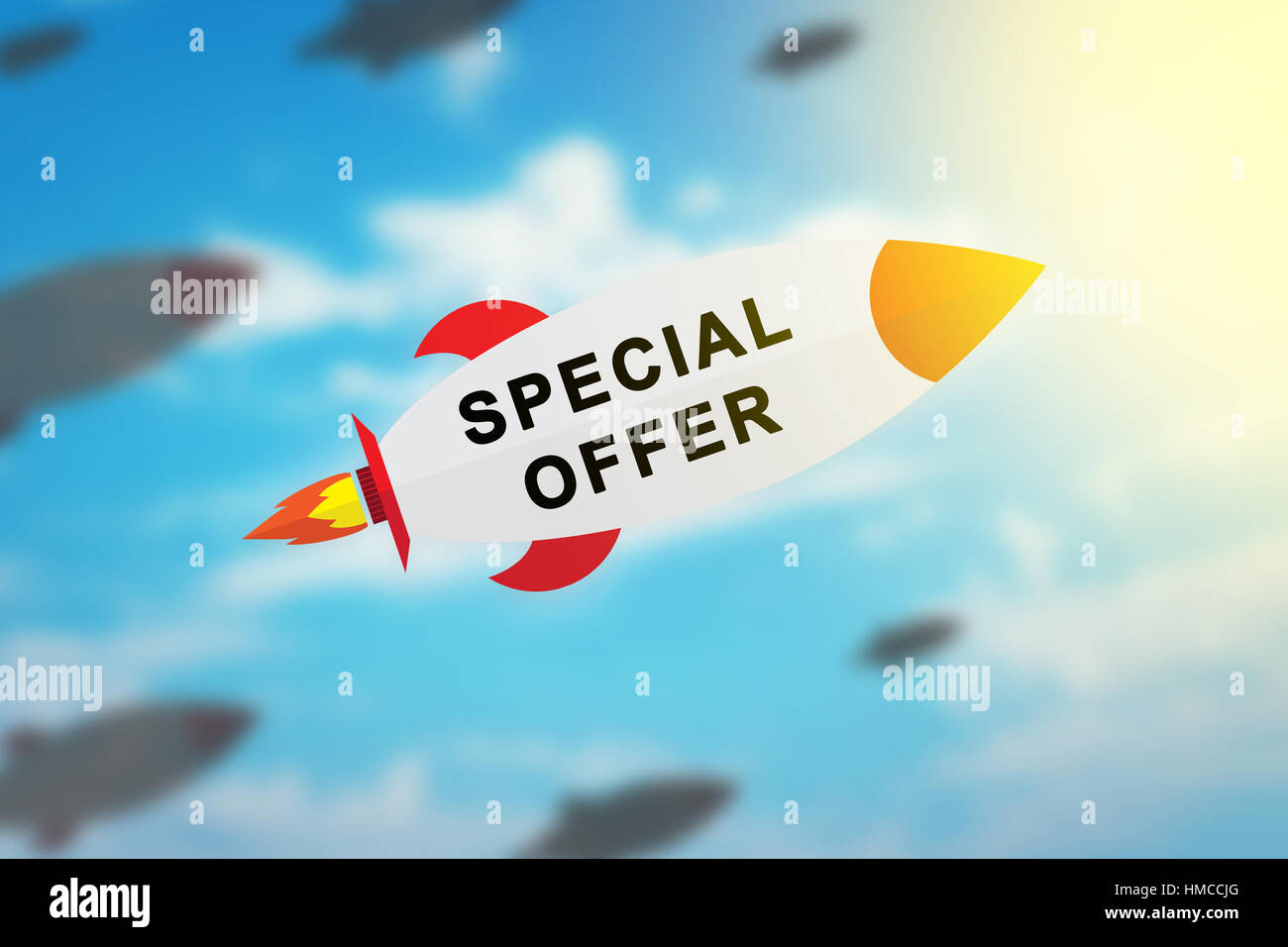 group of special offer flat design rocket with blurred background and soft light effect Stock Photo