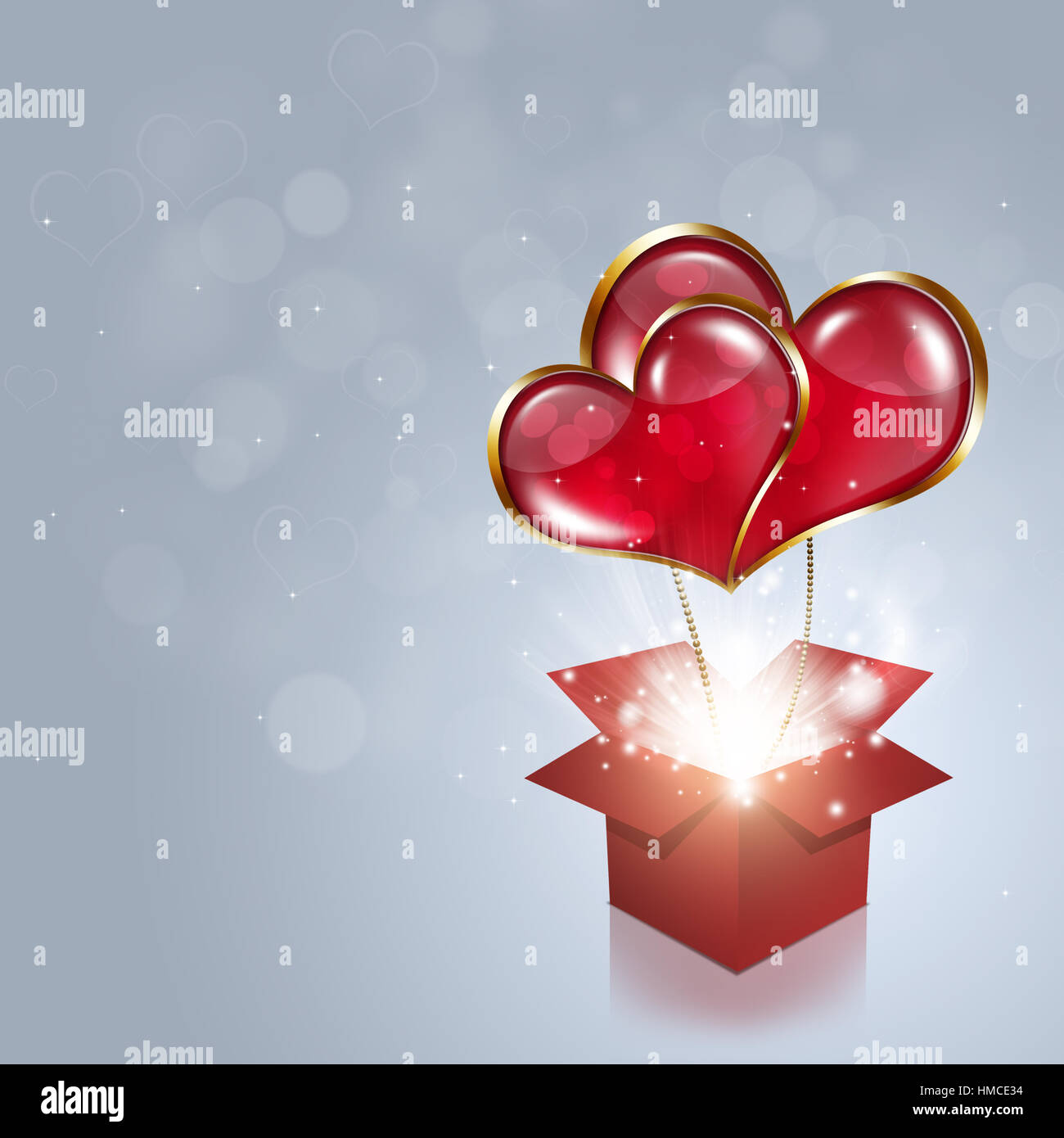 valentines red hearts from magic box holiday background Stock Photo