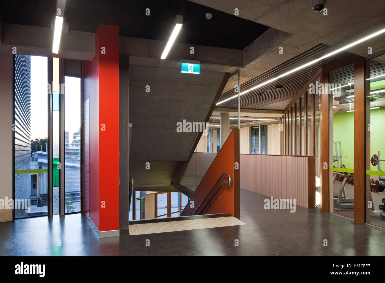 Top of staircase on first floor with view to Health and Fitness Centre on right. MPARC (Monash Peninsula Activity and Recreation Centre), Frankston, A Stock Photo