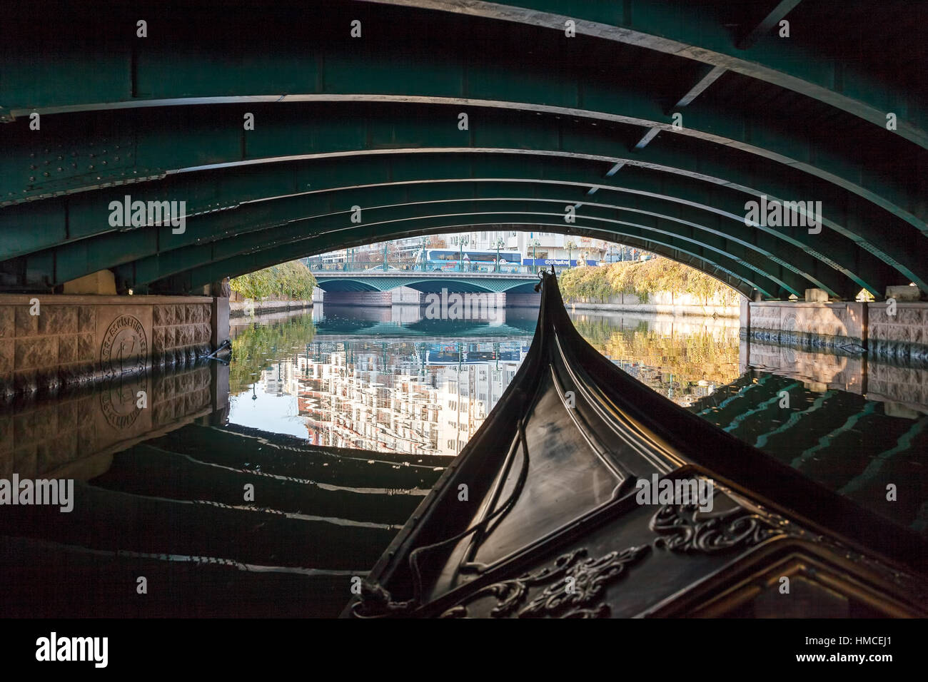 Gondol trip in Eskisehir Porsuk River. Going under the bridge. Stock Photo