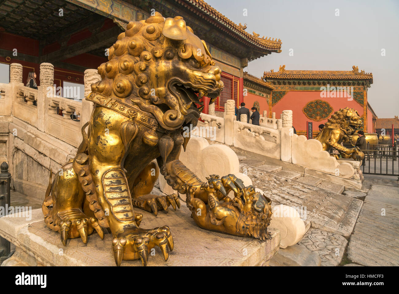 golden  lions guarding the Gates of the Forbidden City, Beijing, People's Republic of China, Asia Stock Photo