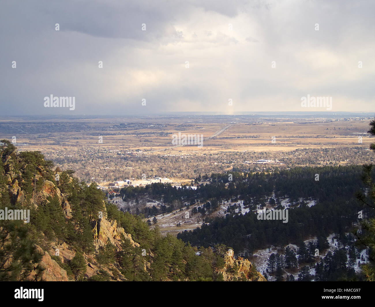 A view from Colorado's City of Boulder Open Space and Mountain Parks of the start of the great plains and the Denver-Boulder Turnpike. Stock Photo
