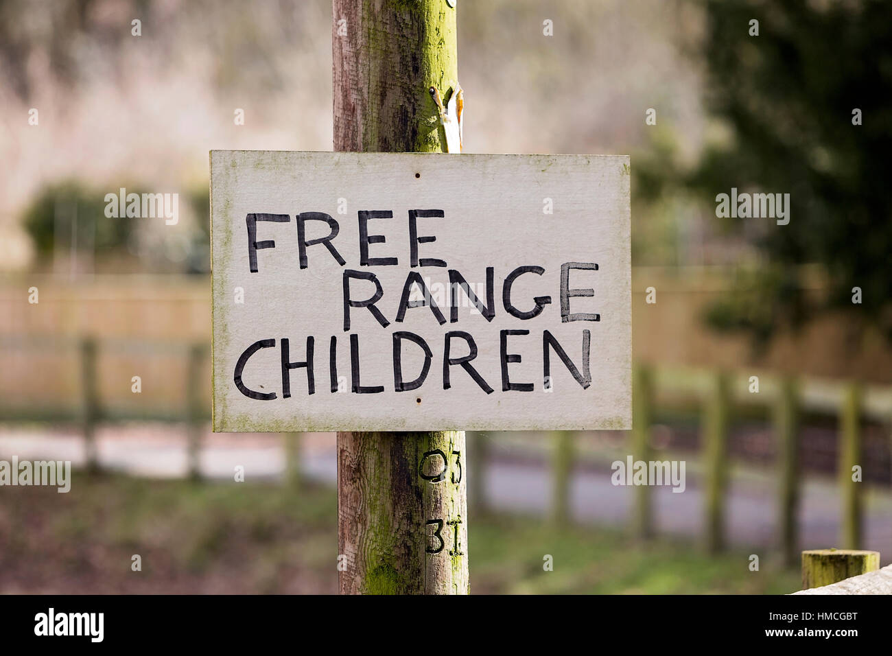 Free Range Children sign on post Stock Photo