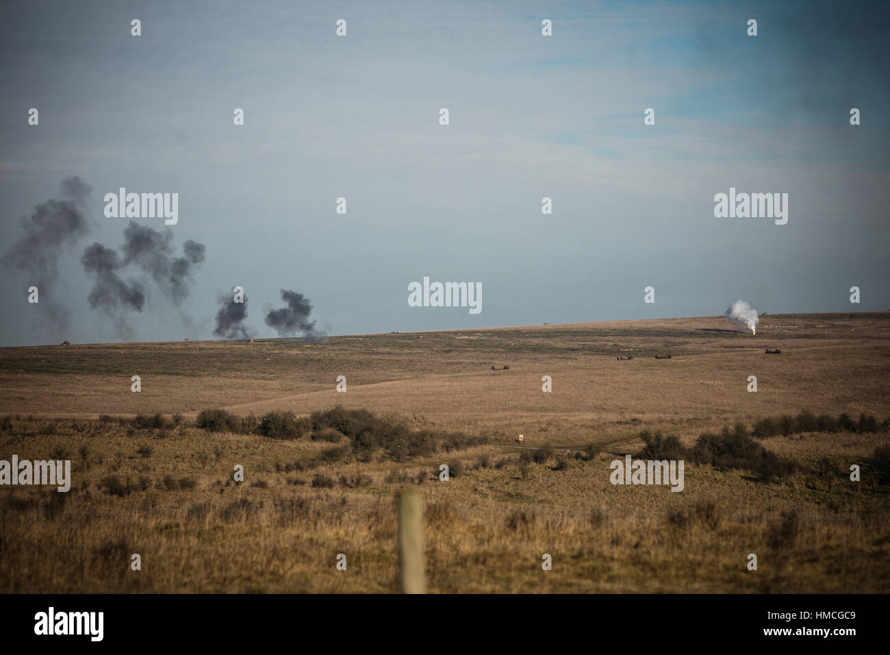 Smoke from tank and star shells on impact area, Salisbury Plain