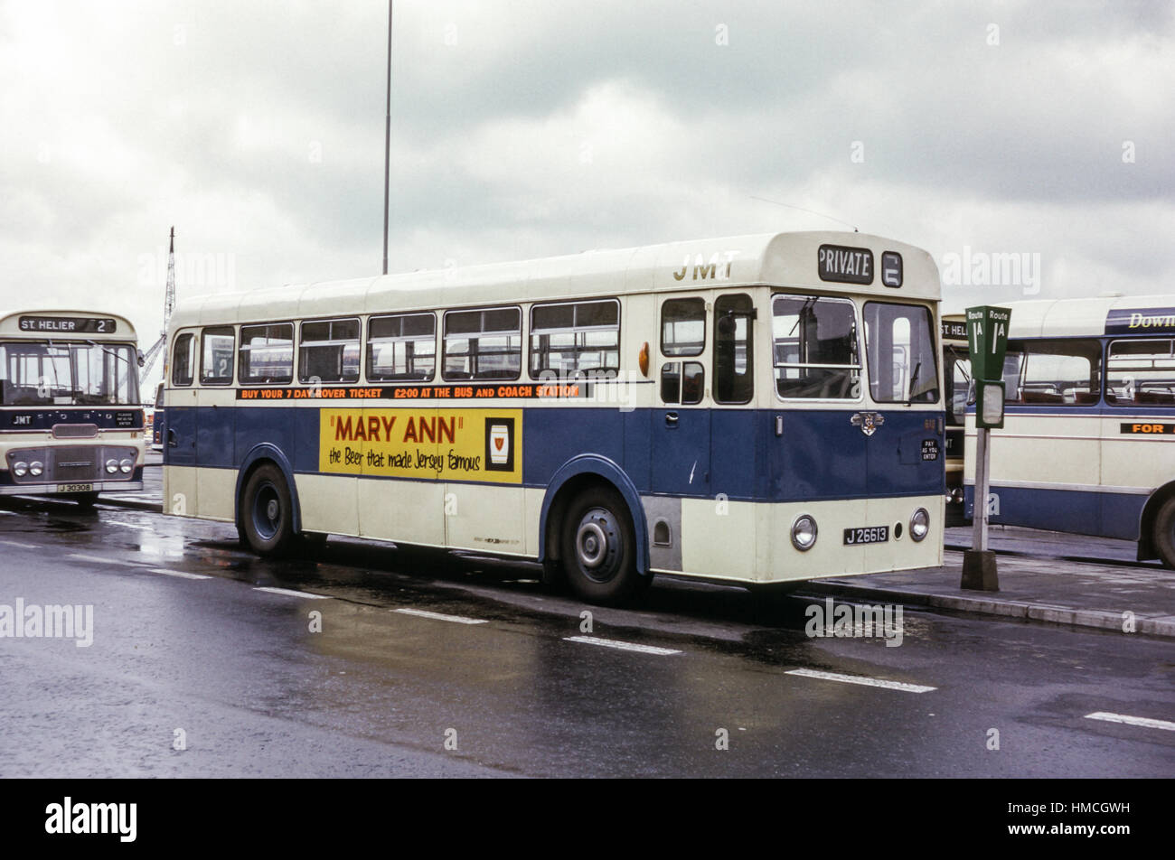 Jersey, Channel Islands - 1973: Vintage image of bus in St Helier, Jersey.  Jersey Motor Transport Leyland 613 (registration J26613). Stock Photo
