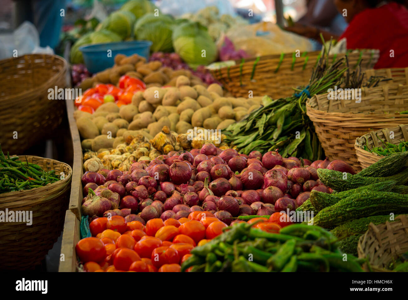 Bhutan local organic farmers food market with tomatoes and onions Stock