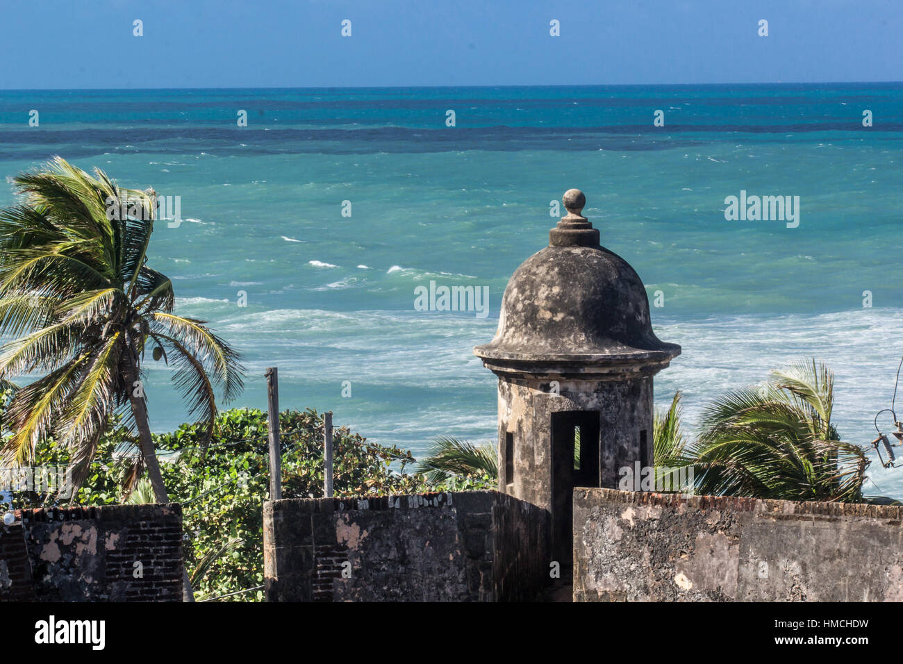 Spanish garita overlooking the Atlantic Ocean, San Juan, Puerto Rico. Stock Photo