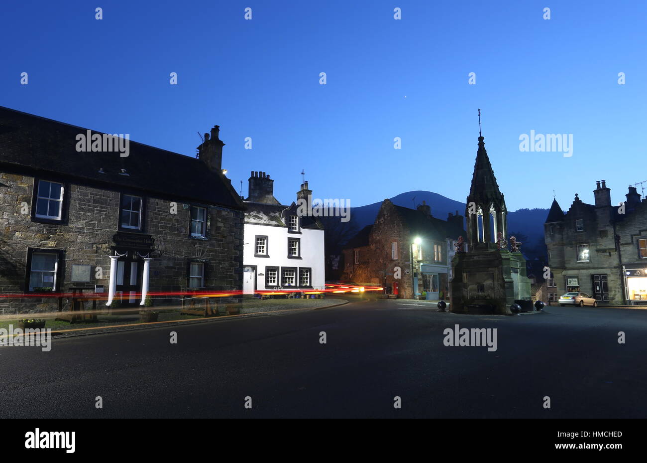 Covenanter Hotel and Bruce Fountain by night Falkland Fife Scotland