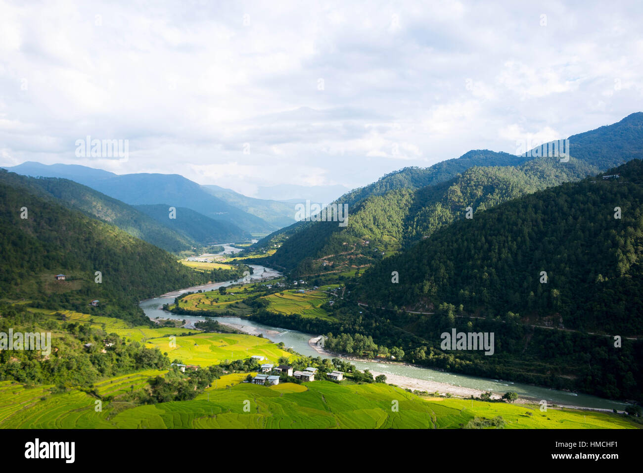Bhutan Punakha valley landscape Panorama with hills river and Rice fields Stock Photo