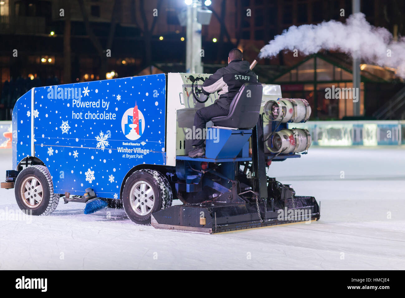 The ice on the Rink at Bryant Park in New York is prepared between ice