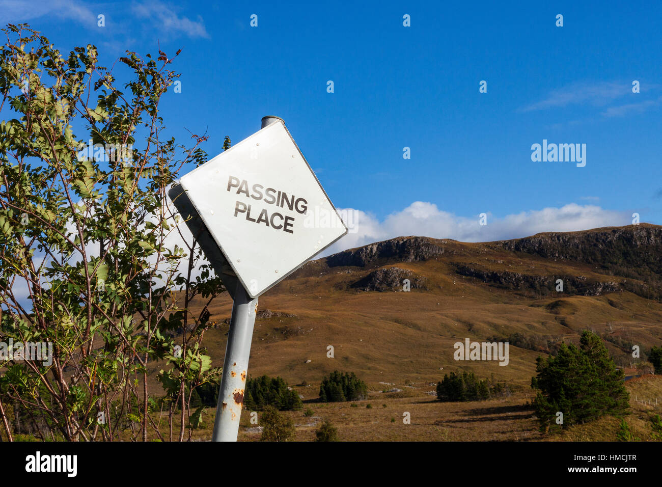Sign for a Passing Place on a single track road, Glen Torridon, Wester Ross, Highland Region, Scotland, UK Stock Photo