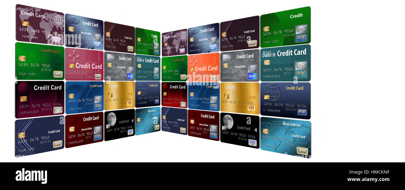 A wall of credit cards to be shaped in many ways all isolated on background Stock Photo