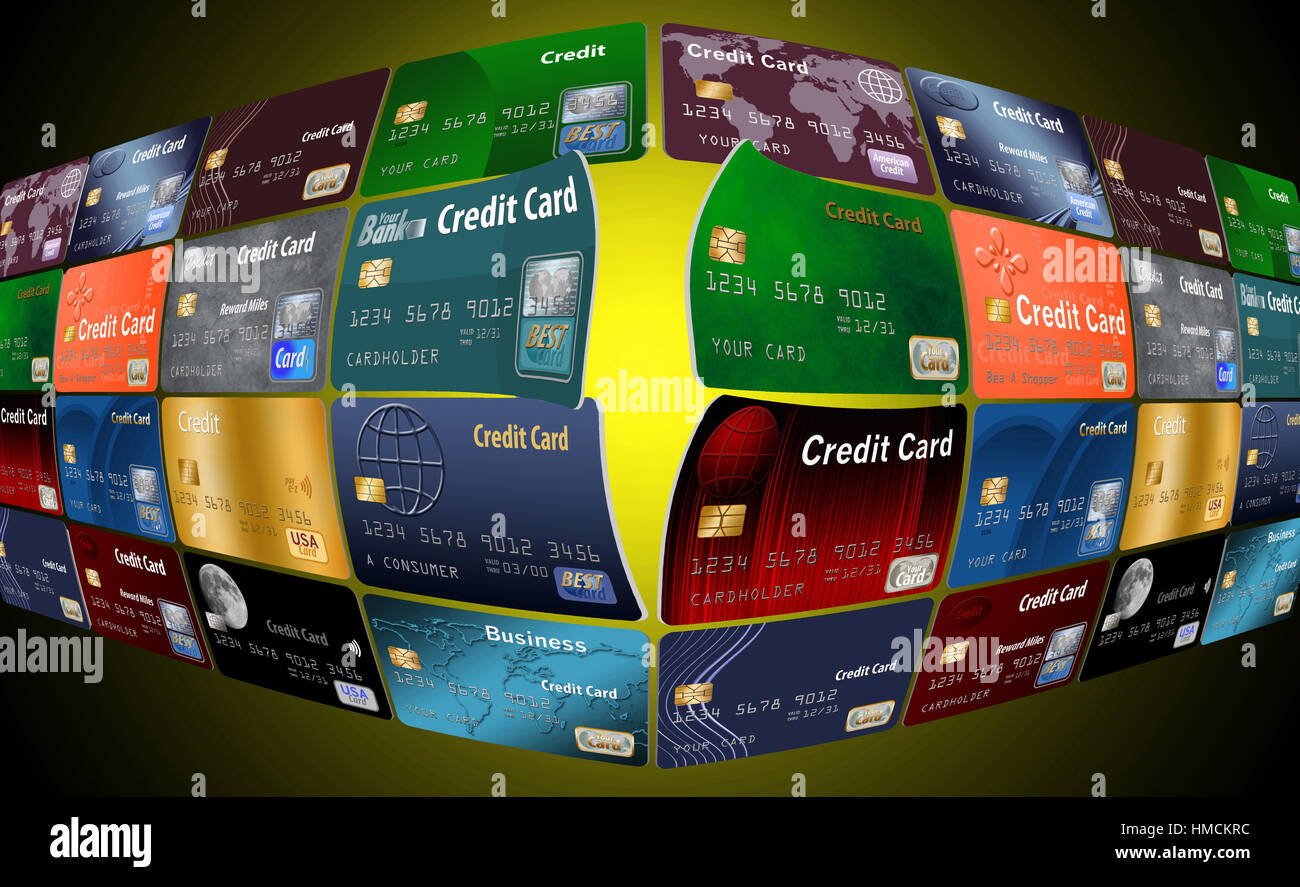 A wall of credit cards to be shaped in many ways all isolated on background Stock Photo