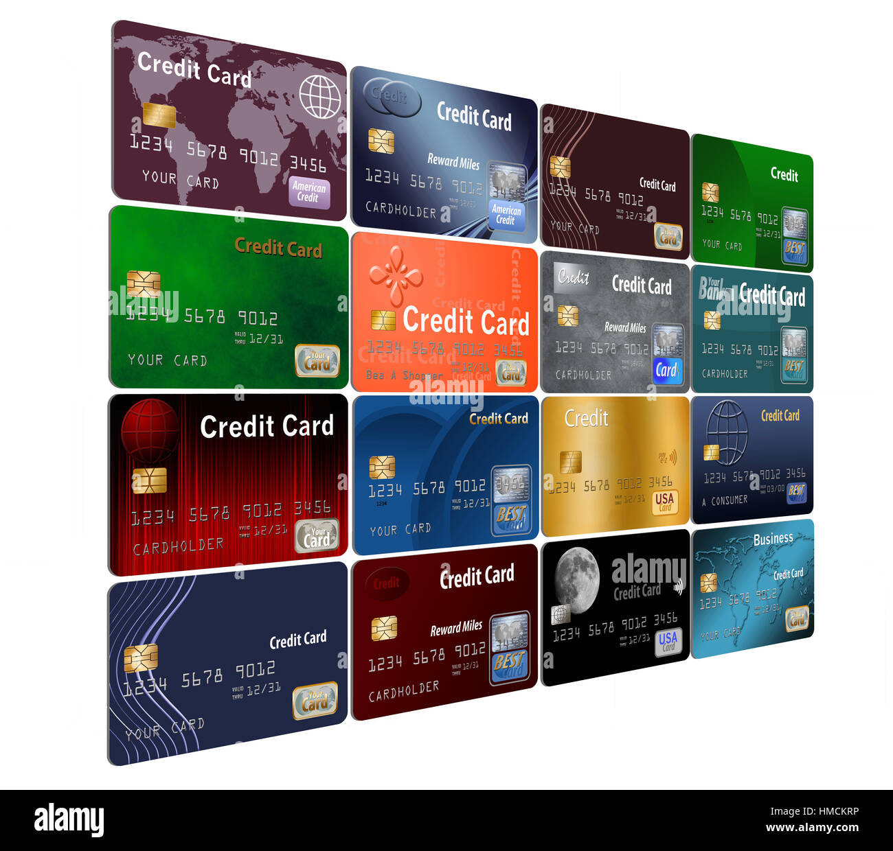 A wall of credit cards to be shaped in many ways all isolated on background Stock Photo
