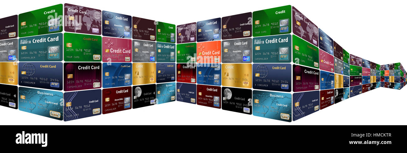 A wall of credit cards to be shaped in many ways all isolated on background Stock Photo