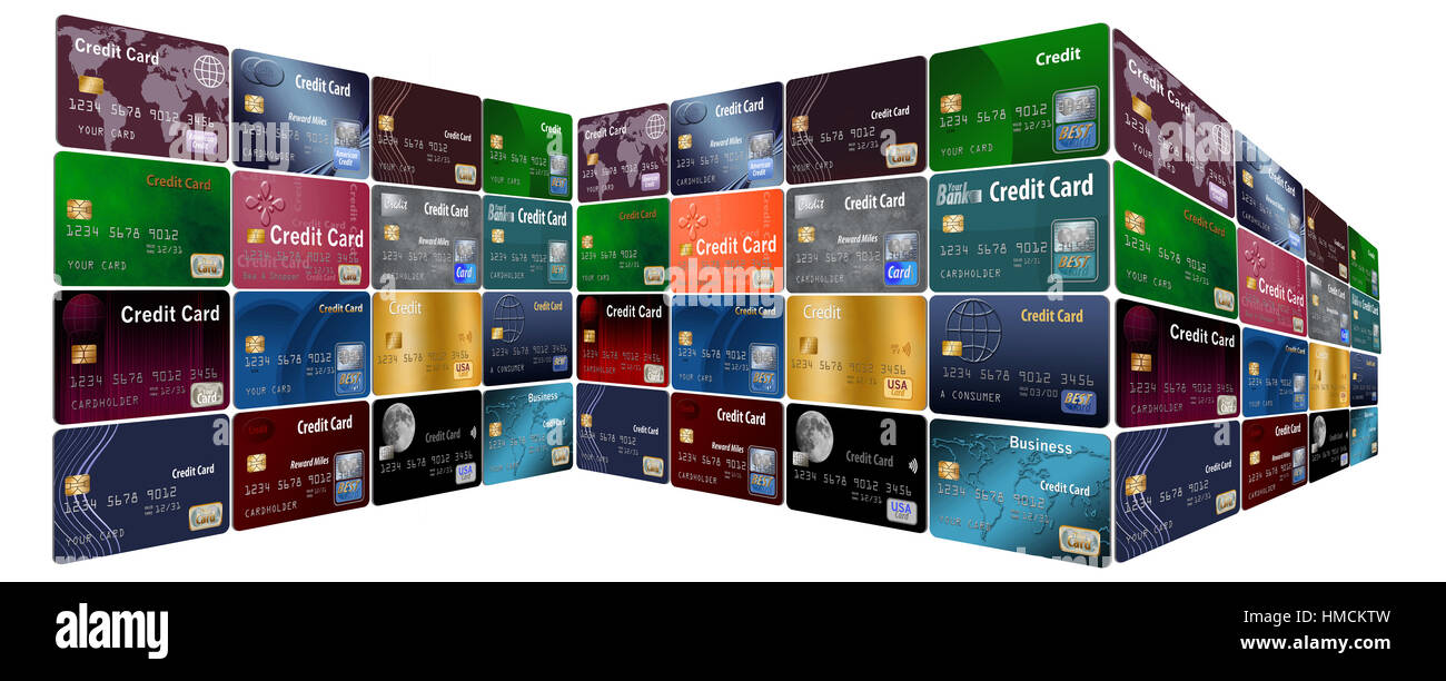 A wall of credit cards to be shaped in many ways all isolated on background Stock Photo