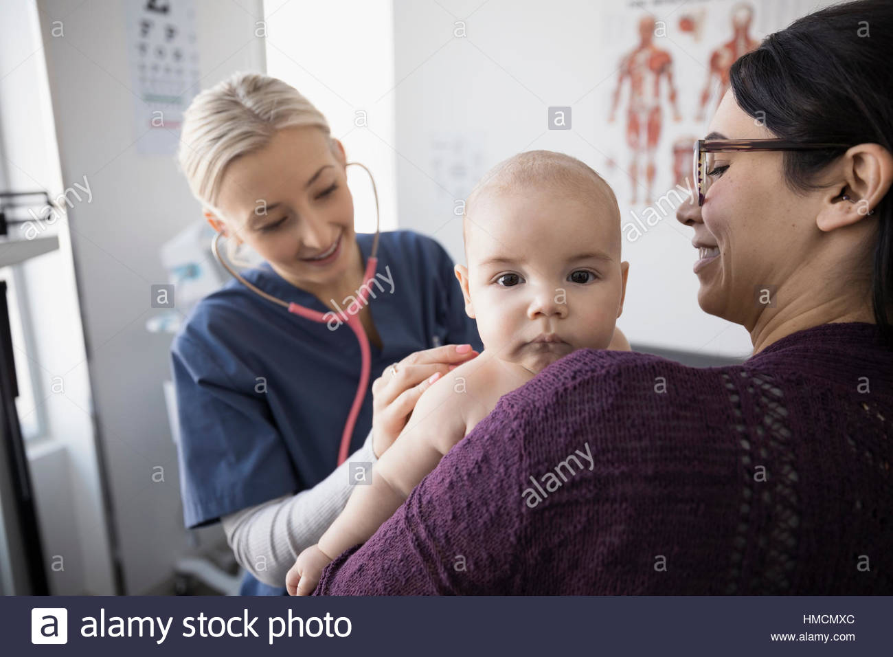 Portrait cute baby boy at checkup with mother and female nurse in medical examination room Stock Photo