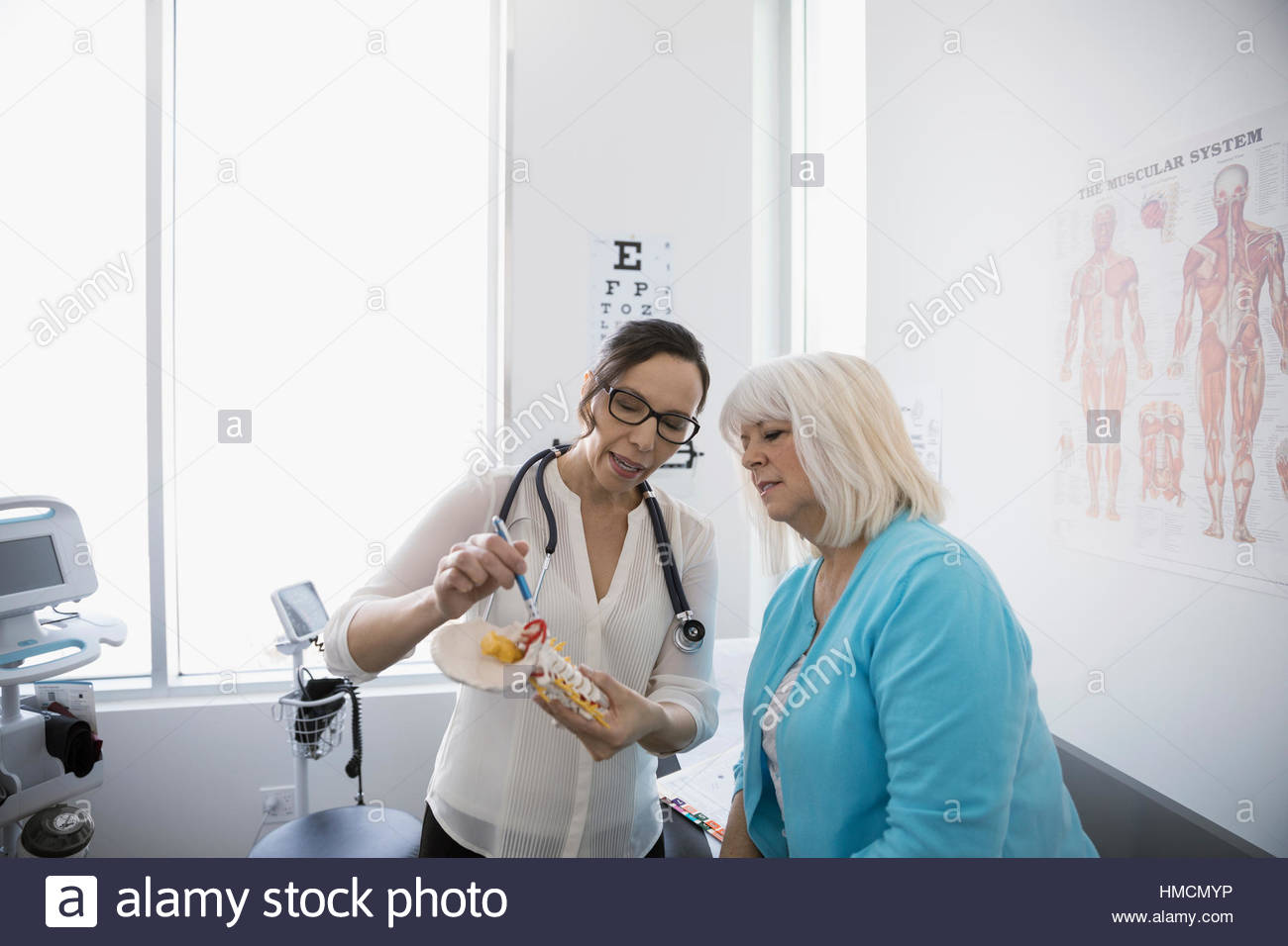 Female Doctor Explaining Neck Model To Senior Patient In Clinic Examination Room Stock Photo Alamy