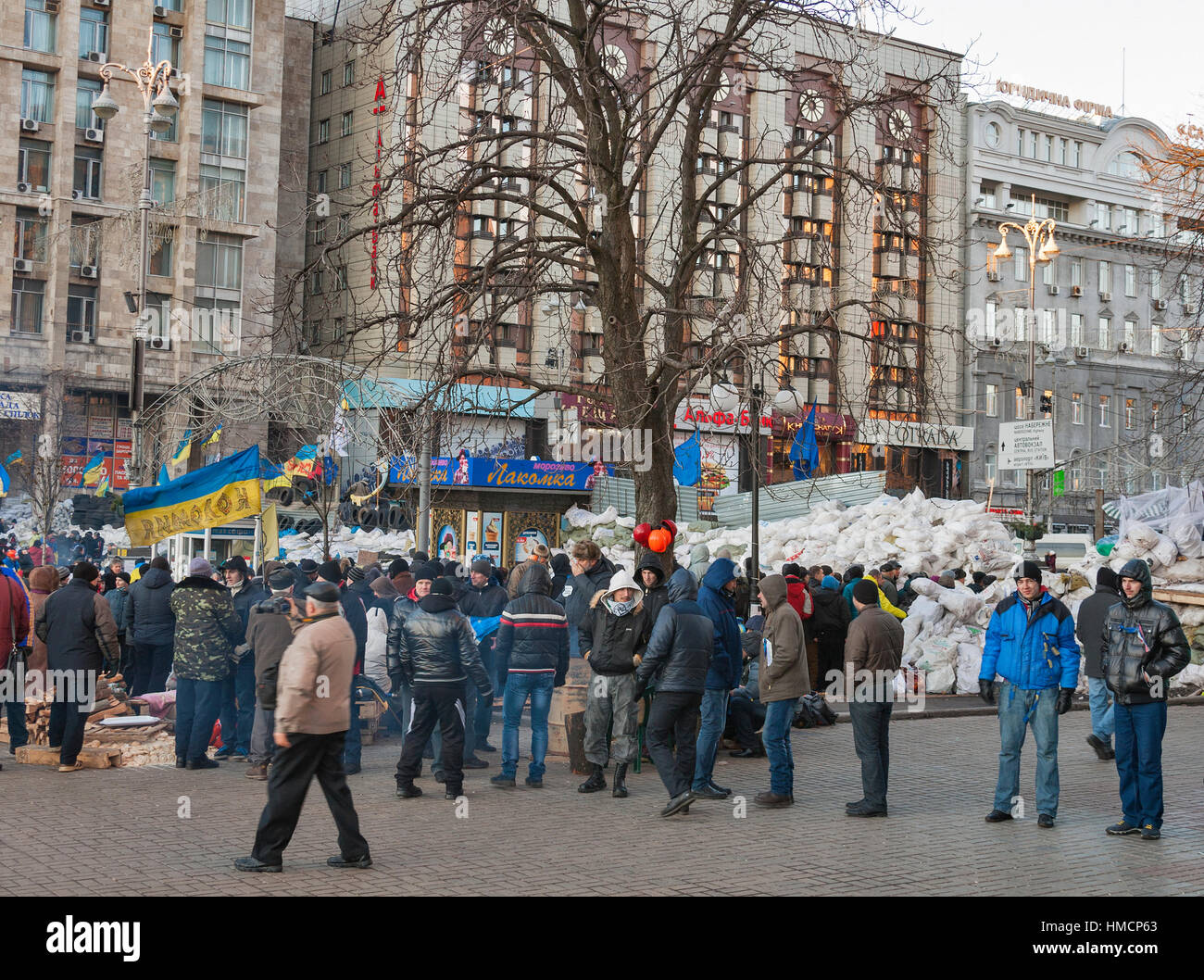 KIEV, UKRAINE - DECEMBER 14: Demonstrators Guard EuroMaidan Barricades ...