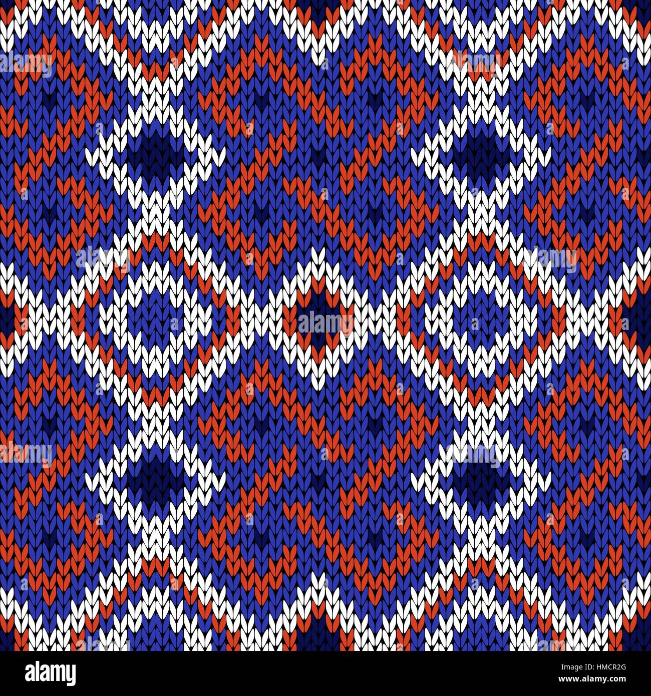 Seamless knitted ornate ethnic vector pattern as a fabric texture in blue, white and orange colors Stock Vector