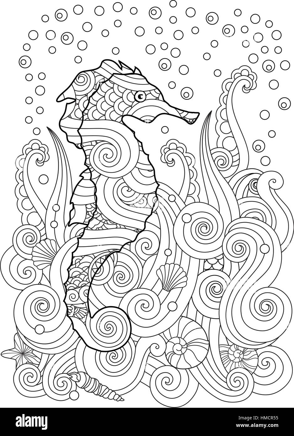 Hand drawn sketch of seahorse under the sea in zentangle inspired style