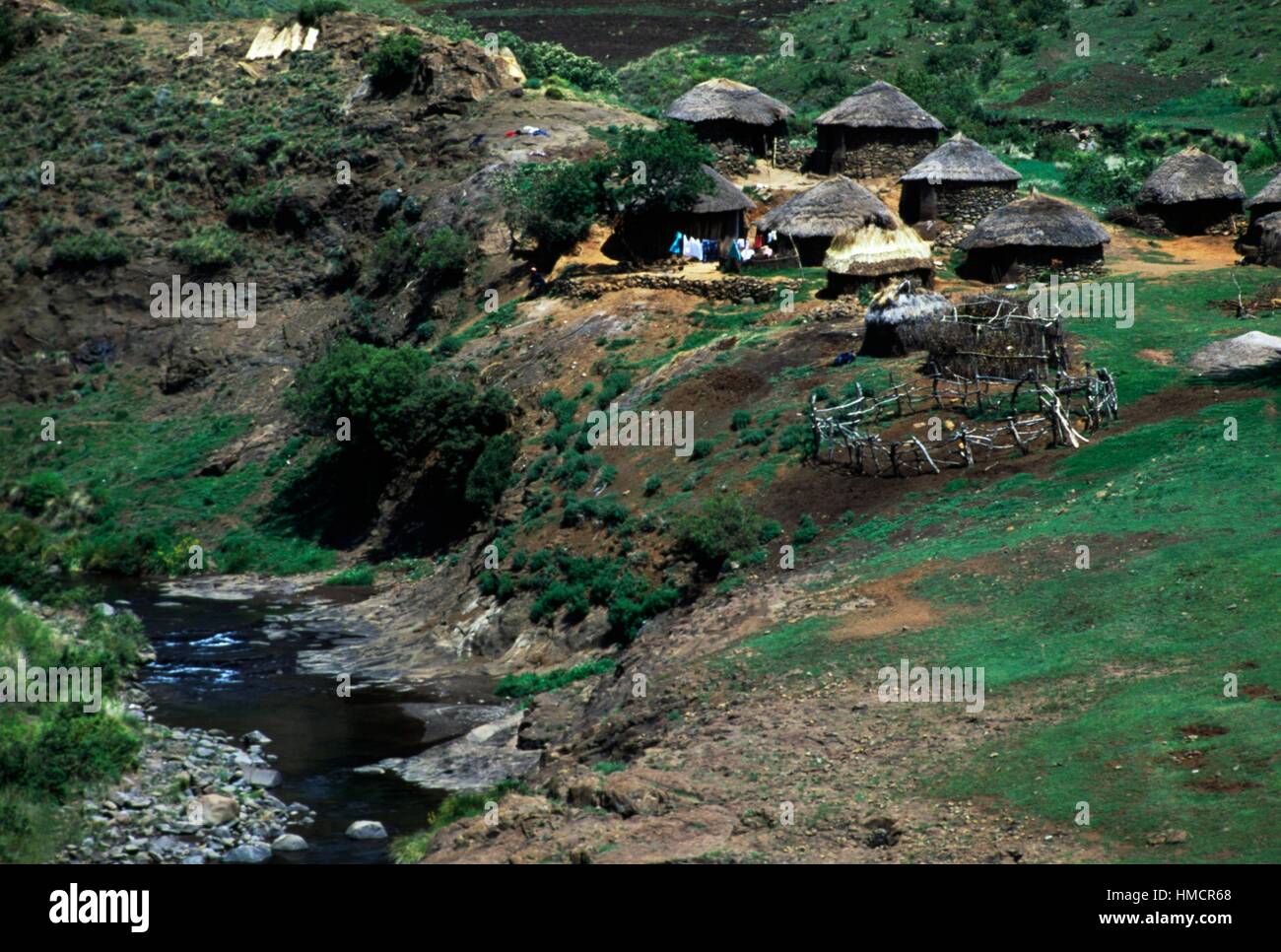 Village near the Qiloane falls, Maseru district, Lesotho. Stock Photo