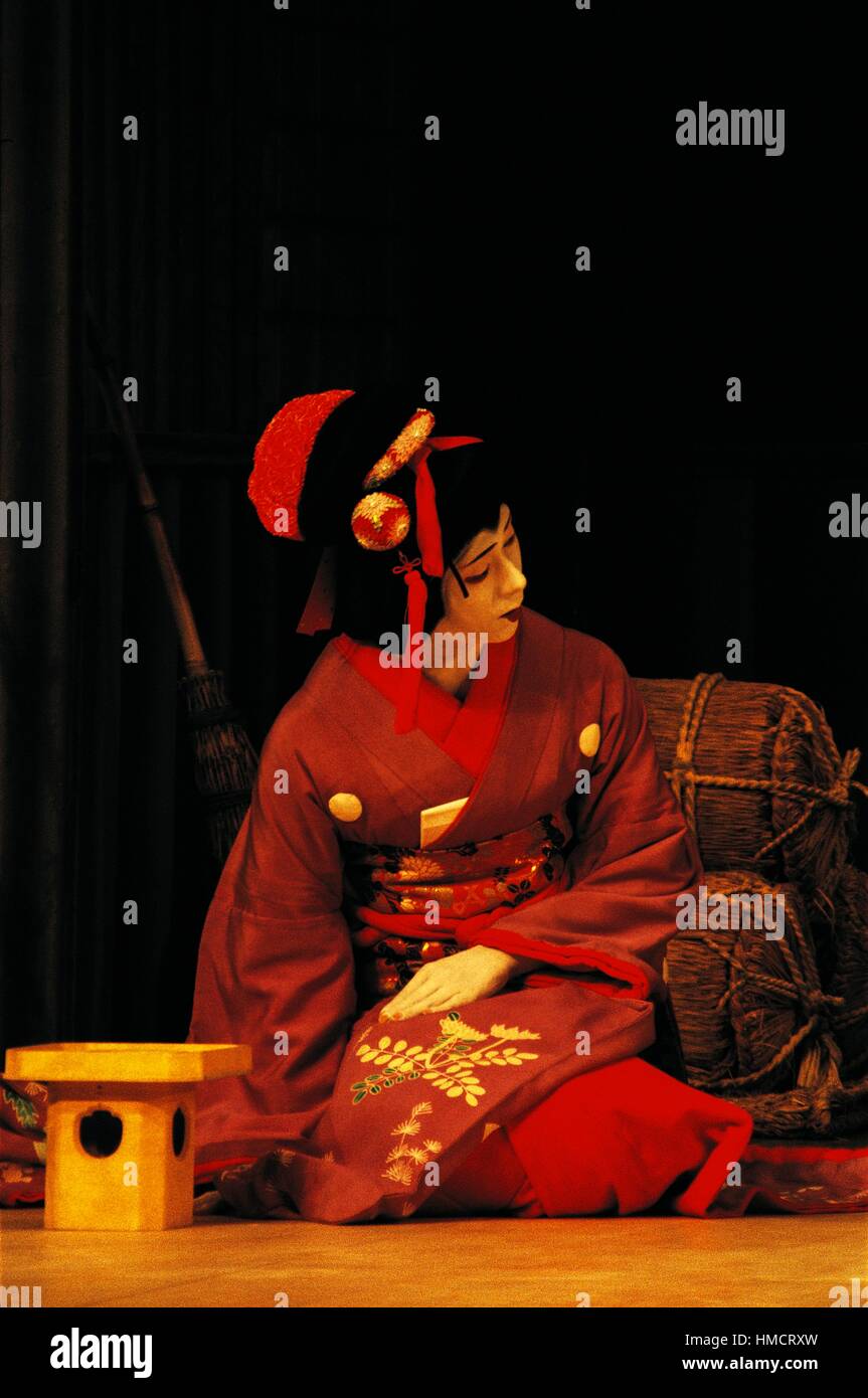 Actors in traditional costumes during a Kabuki theatre performance