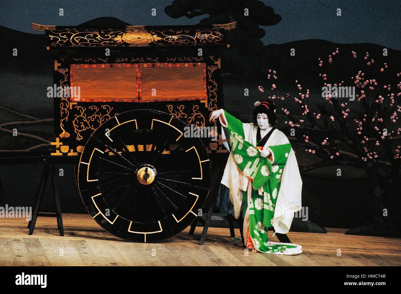 Actors in traditional costumes during a Kabuki theatre performance