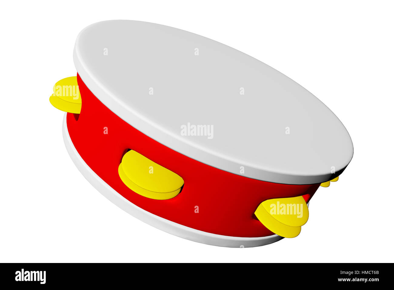 illustration of a beautiful tambourine with red yellow handle and isolated white background Stock Photo