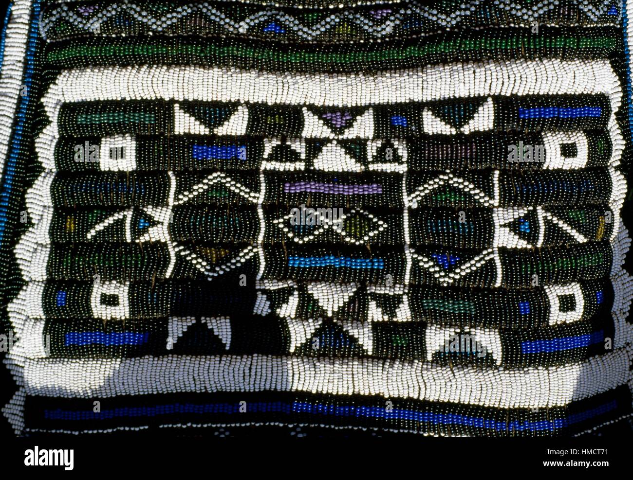 Mapoto, traditional handmade apron, made by the Ndebele people, Botshabelo township, Transvaal, South Africa. Detail. Stock Photo