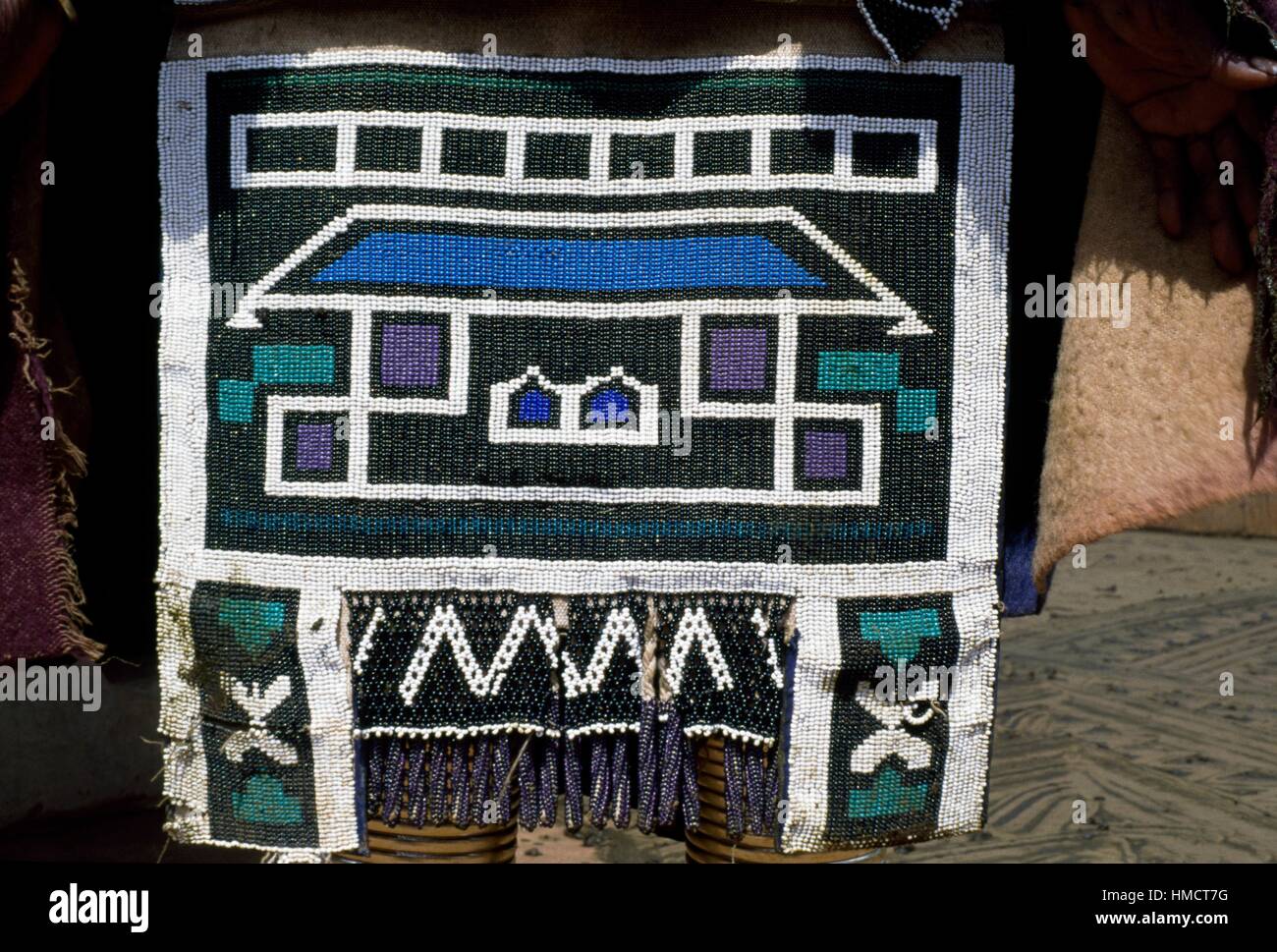 Traditional fabric made by the Ndebele people, Botshabelo township, Transvaal, South Africa. Detail. Stock Photo