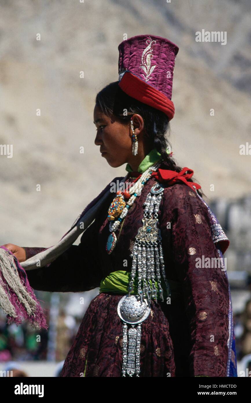 Young dancer wearing a traditional costume, Ladakh, India Stock Photo
