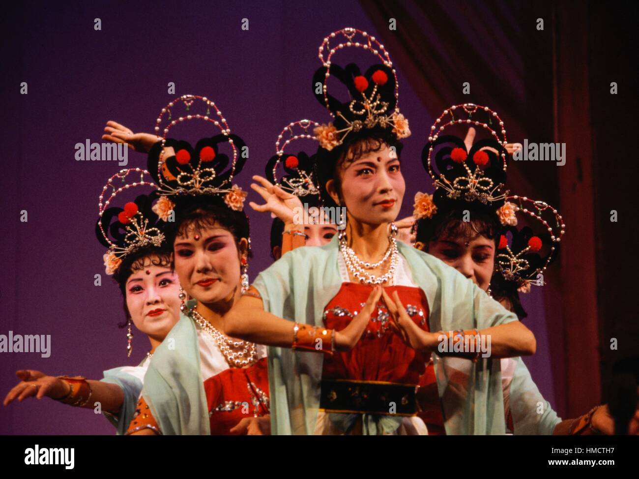 Dancers wearing traditional clothes in a scene from the comedy Li-Bai despises nobles, Mongolian Hulan company, Nanjing Stock Photo