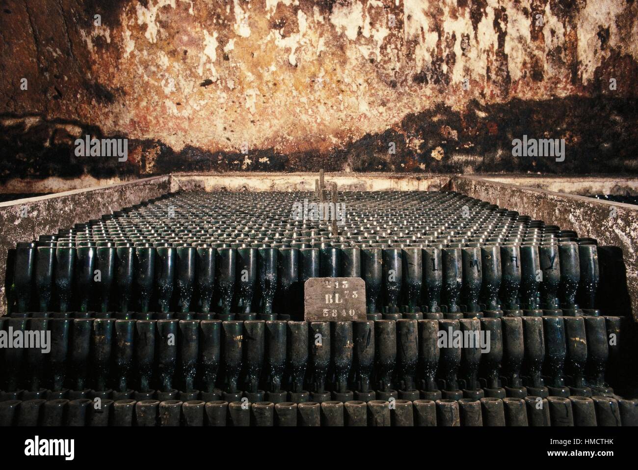 Bottles of sparkling wine being stored in a cellar, Saumur, Loire