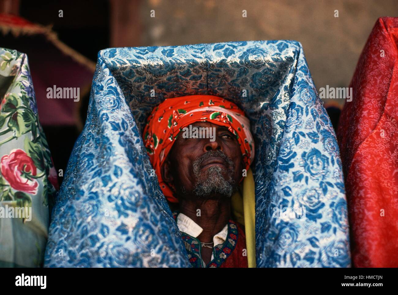 Priest with a tabot, tablets of the law, placed on his head, during the Timkat festival, Coptic Epiphany, Ethiopia. Stock Photo