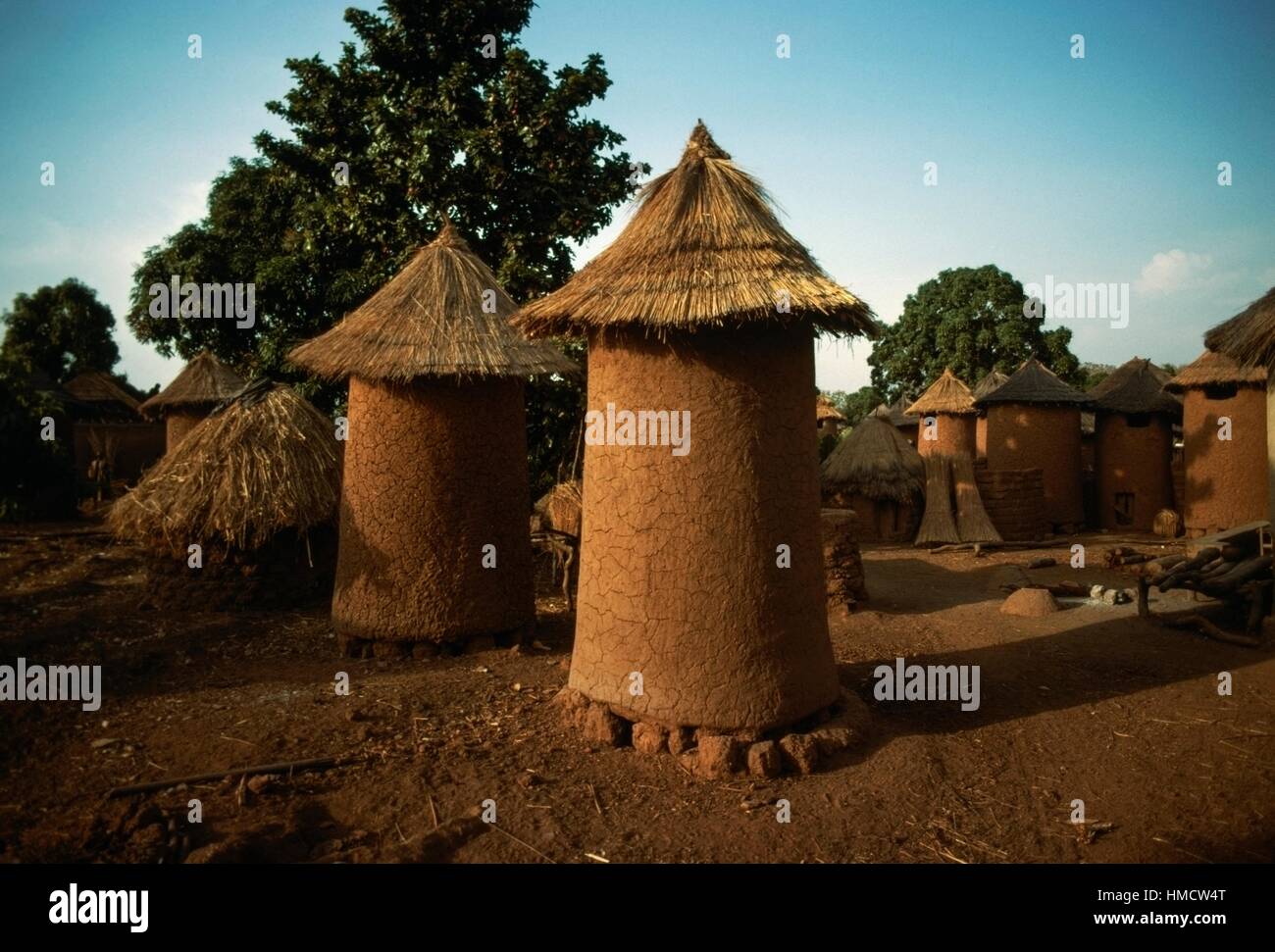 Cylindrical barns with thatched roofs, Senufo village, Ivory Coast. Stock Photo