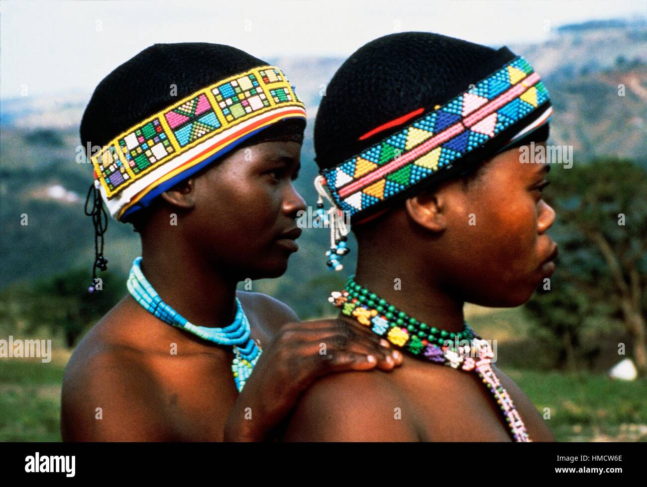 Young Zulu women wearing typical ornaments, South Africa. Stock Photo
