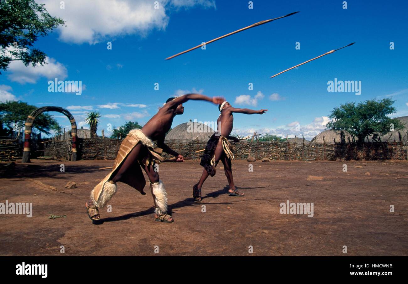 Zulu warriors throwing the javelin, KwaZuluNatal, South Africa Stock