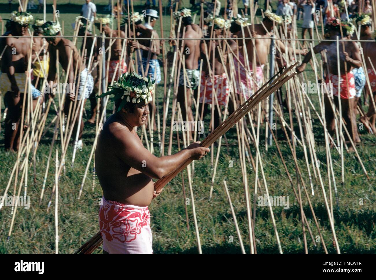 Javelin throwers during the Tiurai festival, Tahiti, Society islands, archipelago of the Windward islands, French Polynesia, Stock Photo