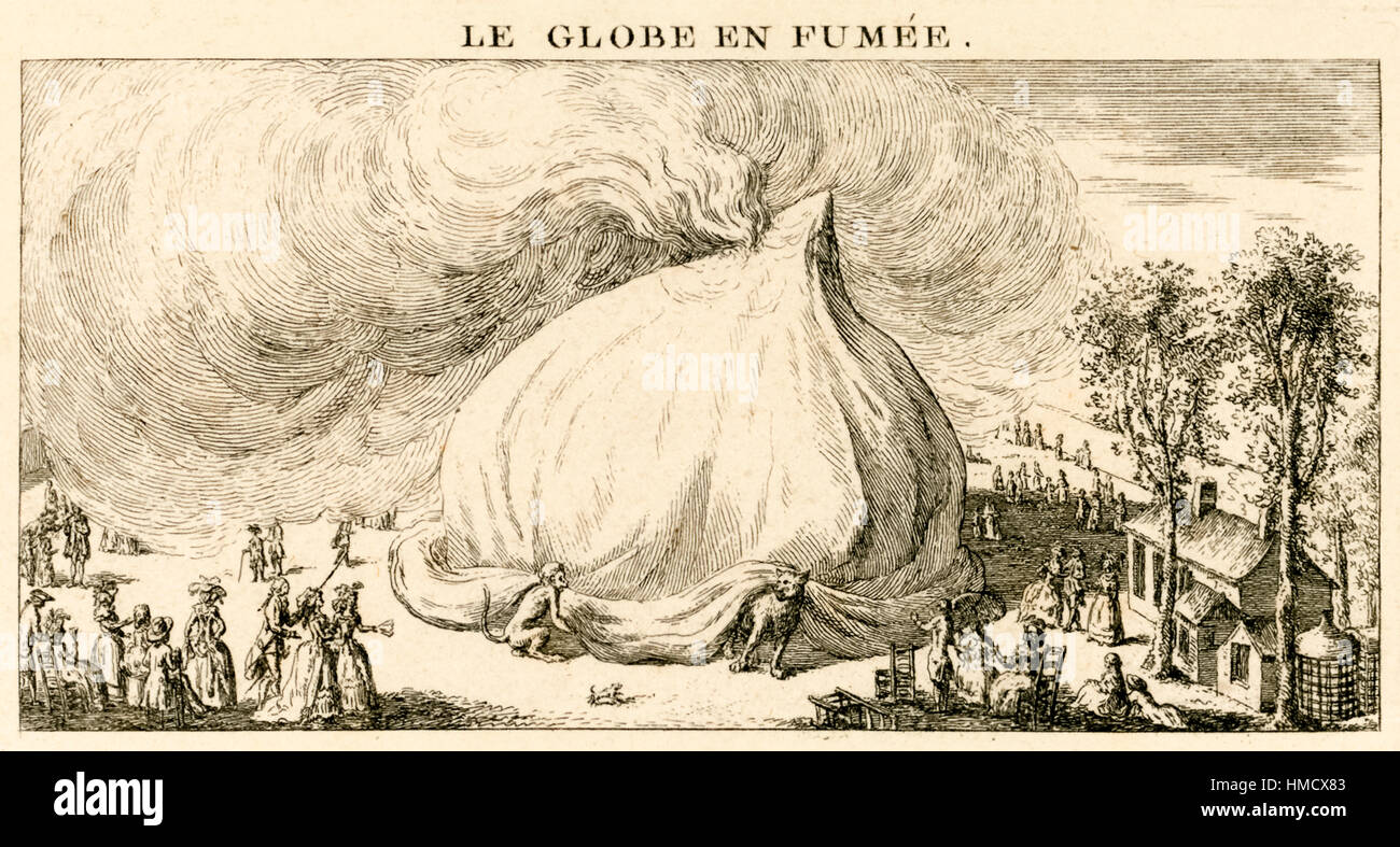 ‘Le Globe en Fumee’, the failed ballooning attempt of Abbe Miollan and Jean-François Janinet in Jardin de Luxembourg, Paris on 11 July 1784; thousands of fee paying spectators wait all day but the air temperature prevents a takeoff. Bored of waiting they light a fire which sets the balloon alight! News of the failed attempt spread rapidly and was widely mocked throughout Europe, here depicted as a monkey (Janinet) and cat (Miollan) tinkering with science of which they have no understanding! See description for more information. Stock Photo