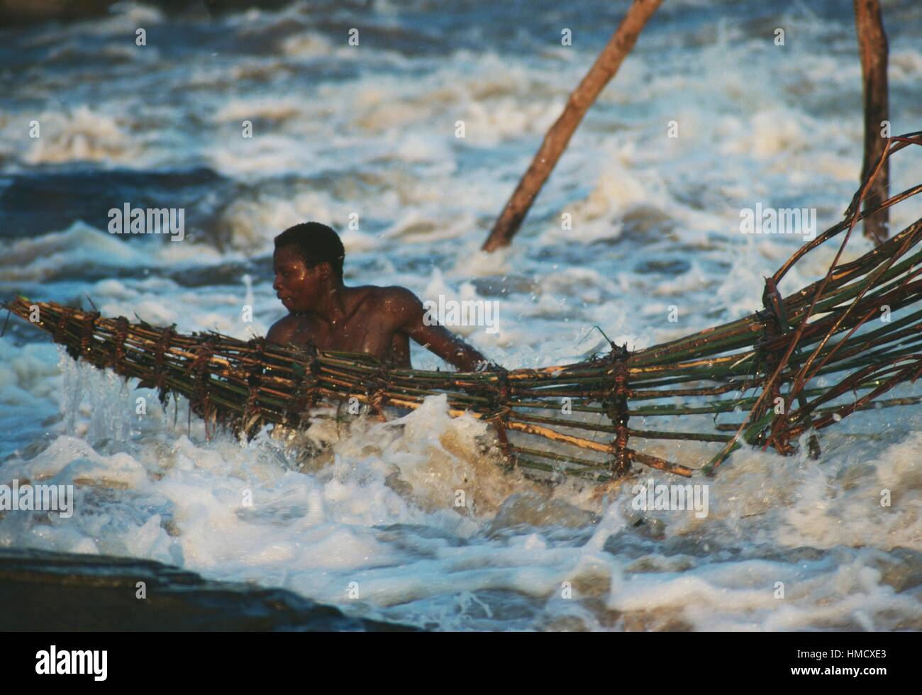 Wagenia man fishing with fish traps in the Congo river rapids