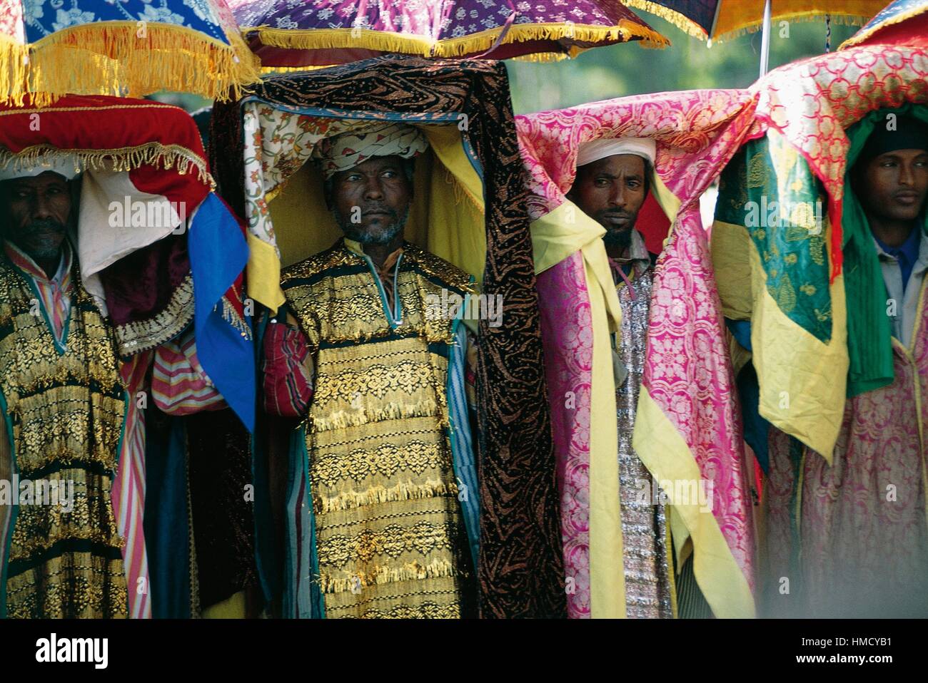 Priests with a tabot, tablets of law, placed on their heads, during the Timkat festival, Coptic Epiphany, Ethiopia. Stock Photo