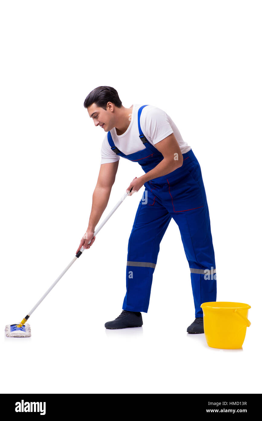 Man cleaning floor isolated on white Stock Photo Alamy