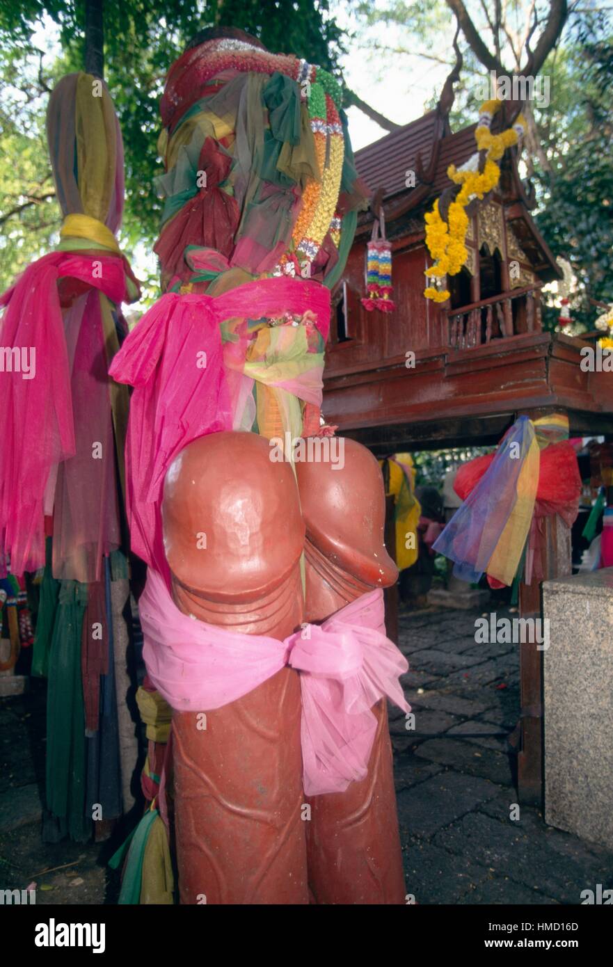 Phallic objects at Chao Mae Tuptim Shrine, Bangkok, Thailand. Stock Photo