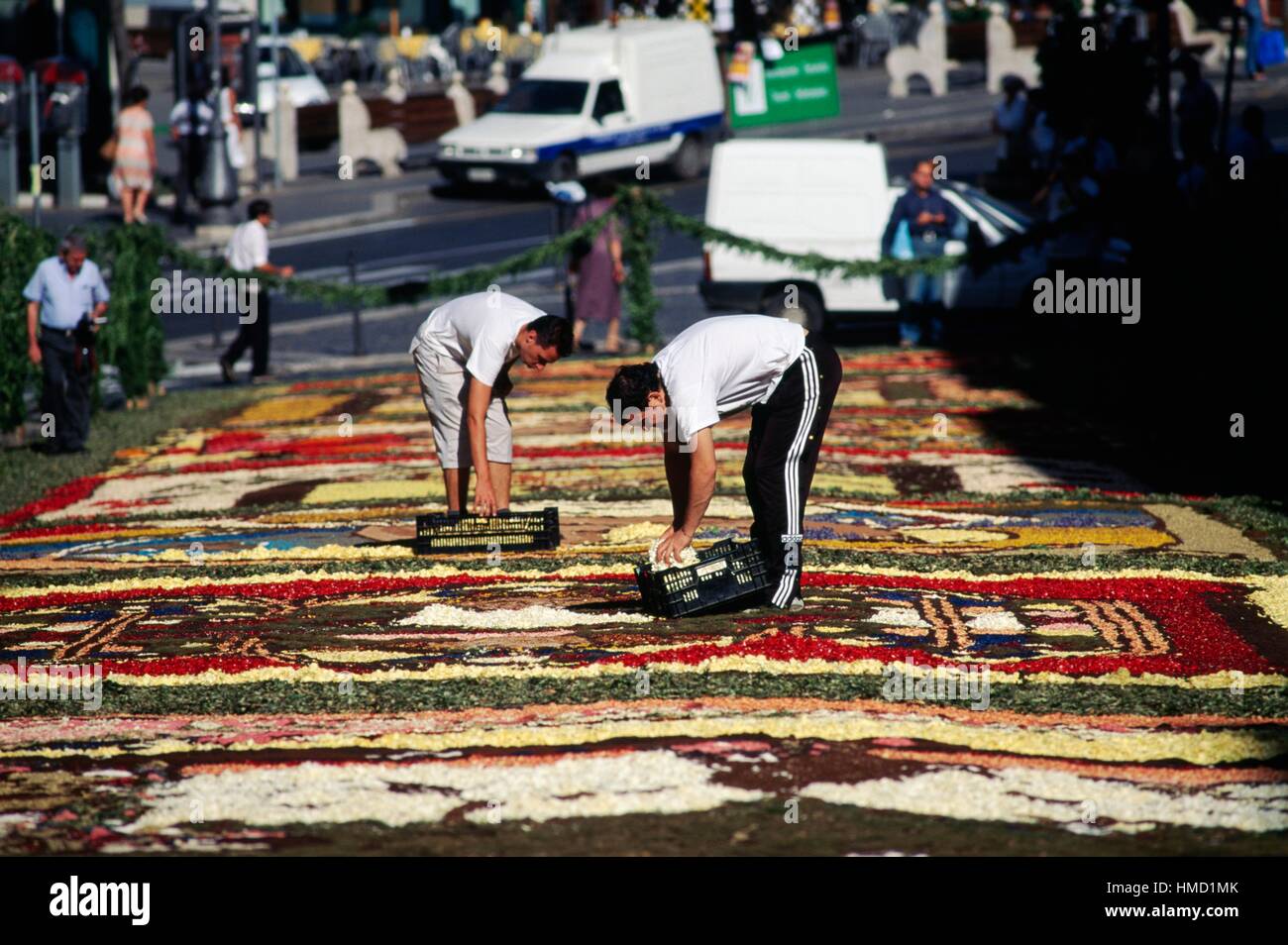Preparing carpets of flowers, infiorata (floral display) for Corpus Christi in via Italo Belardi, Genzano, Lazio, Italy. Stock Photo