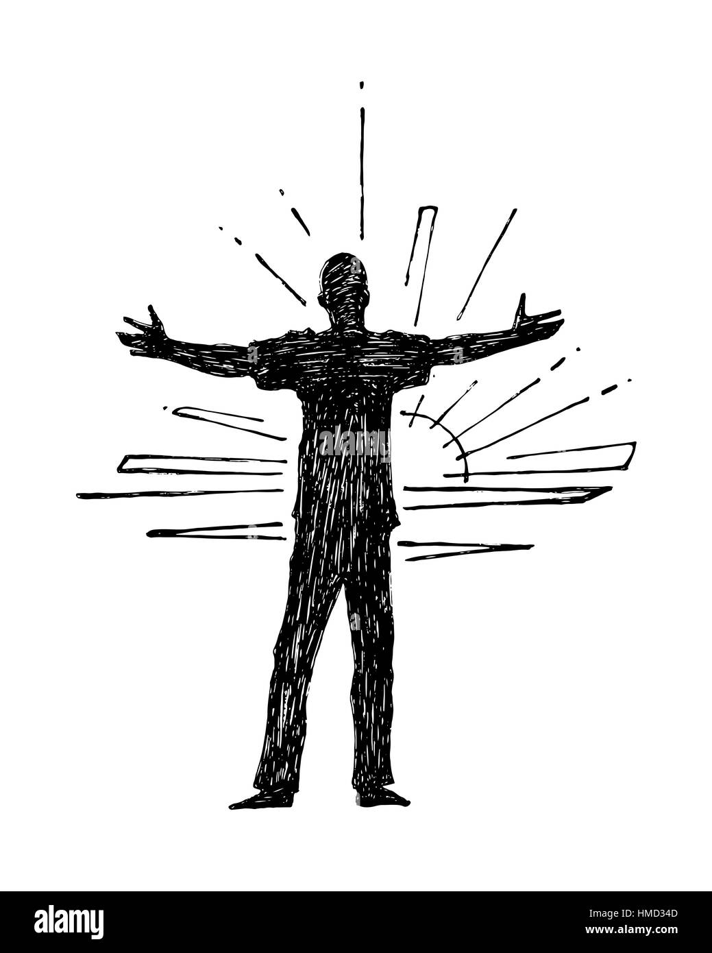 Hand drawn vector illustration or drawing of a man with open arms
