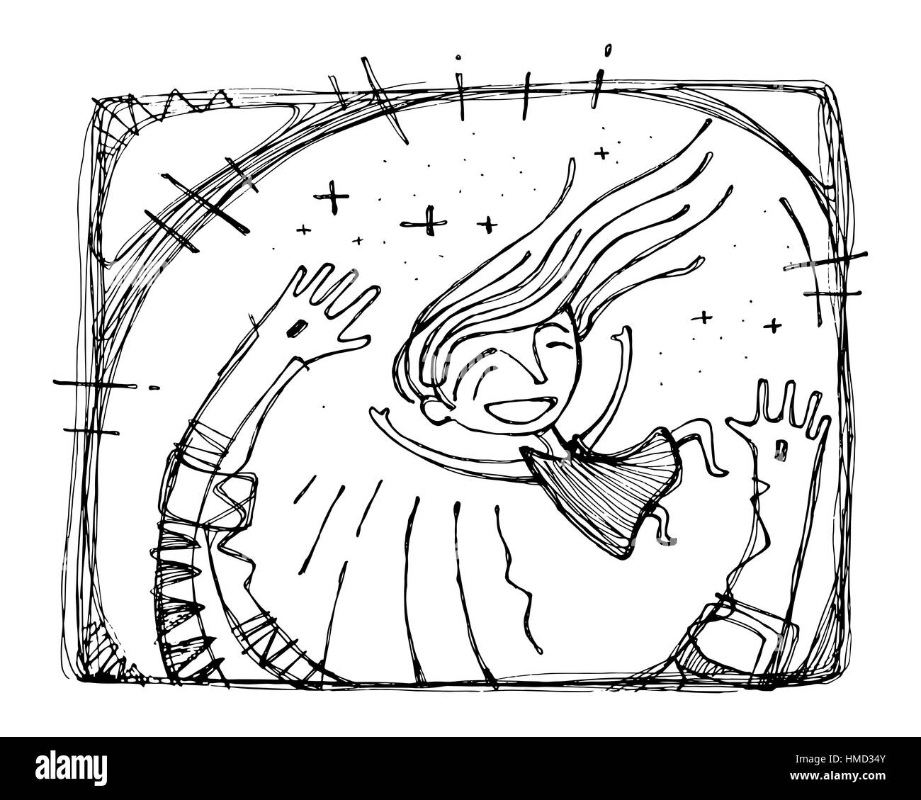 Hand drawn vector illustration or drawing of a happy girl playing on Jesus Christ arms Stock Photo