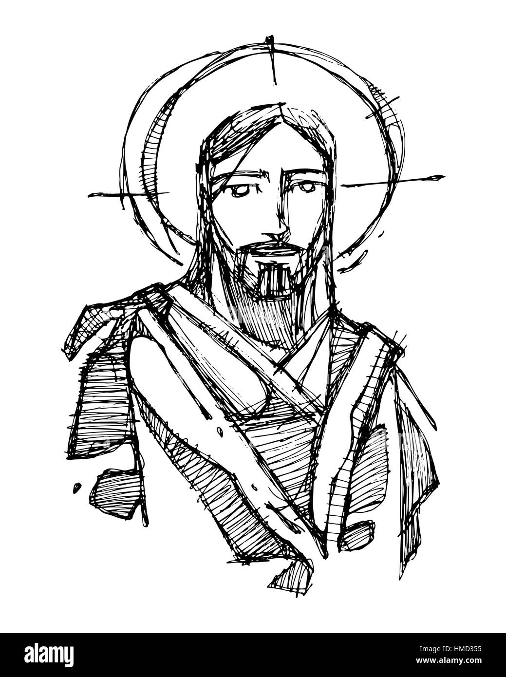 Hand drawn vector illustration or drawing of Jesus Christ smiling Stock Photo