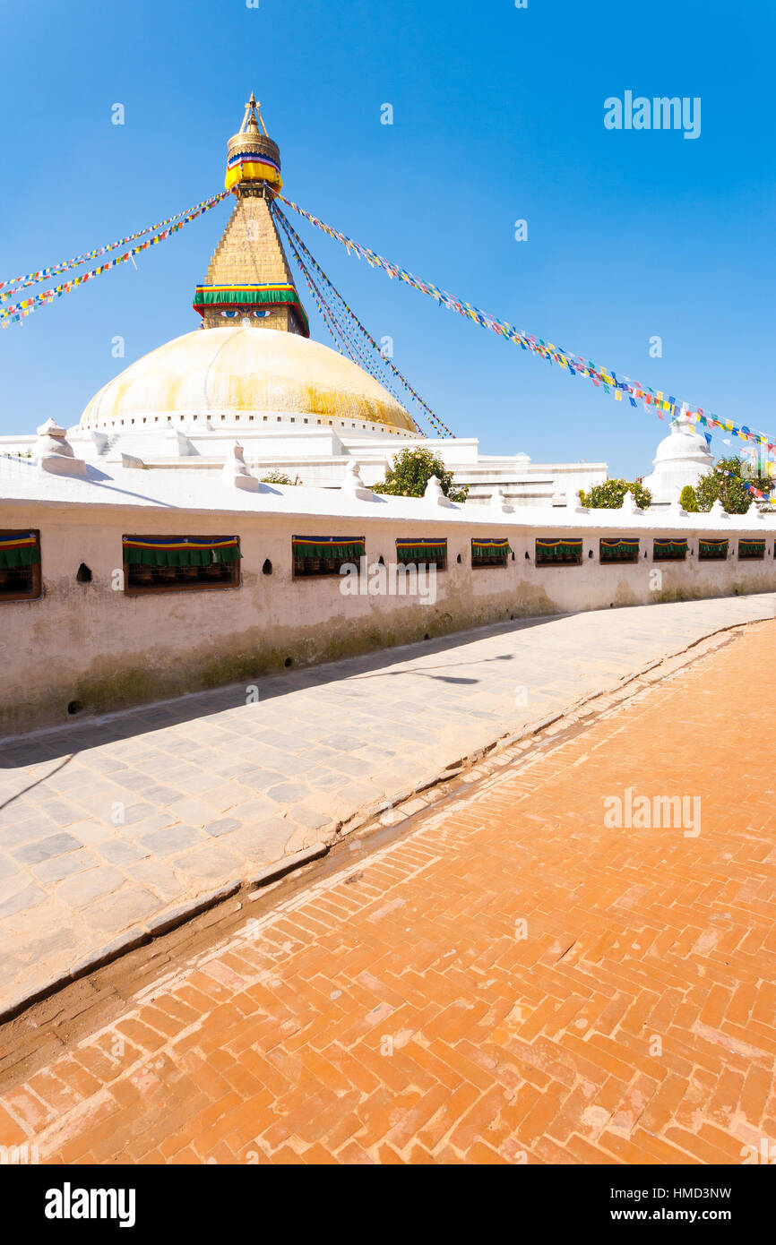 Ground level view of Boudhanath Stupa nobody present. Kathmandu, Nepal on October 23, 2013 before earthquake Stock Photo