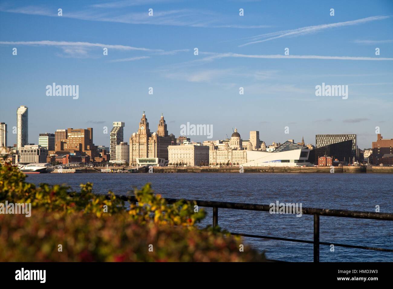 Panorama of Liverpool seen from Wirral - over Mersey river Stock Photo